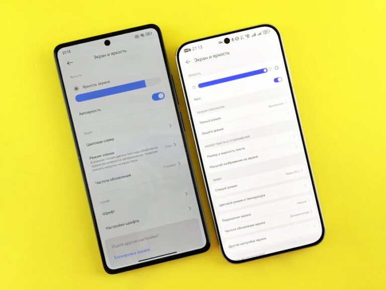 Two smartphones compared showing screen settings, displayed on a vibrant yellow background.